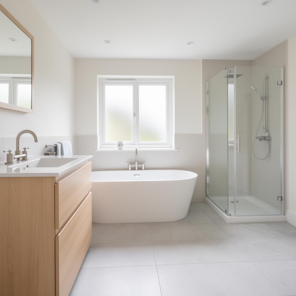 Finished modern bathroom interior with freestanding bath and walk-in shower