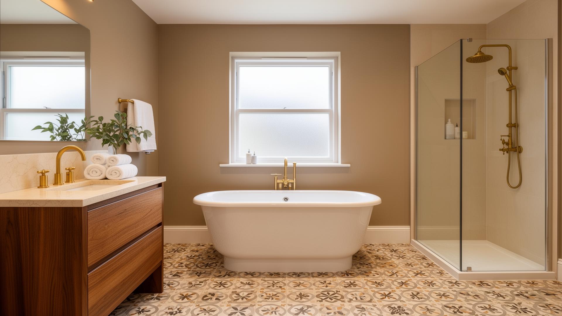 Finished modern family bathroom with freestanding bath, oak vanity and walk-in glass shower — recent Total Flow Services bathroom renovation in Kent